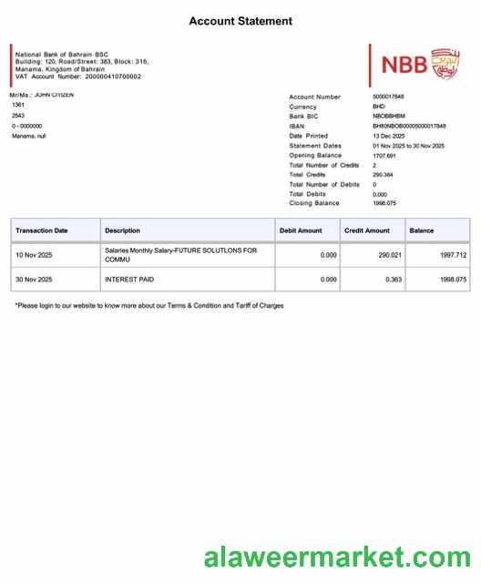 Bahrain National Bank of Bahrain account statement Word and PDF template